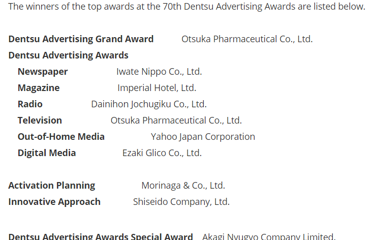 70th Dentsu Advertising Award Winners Announced