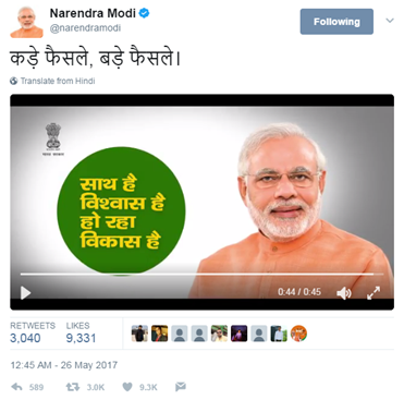 1.1 million conversations on Twitter for Modi Government’s 3rd anniversary