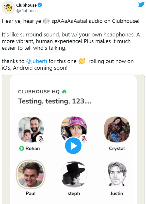 Clubhouse rolls out spatial audio