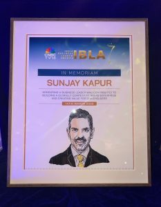 CNBC-TV18 Honours Late Mr Sunjay Kapur, Chairman Emeritus, Sona Comstar at the 21st IBLA Awards - In Memoriam