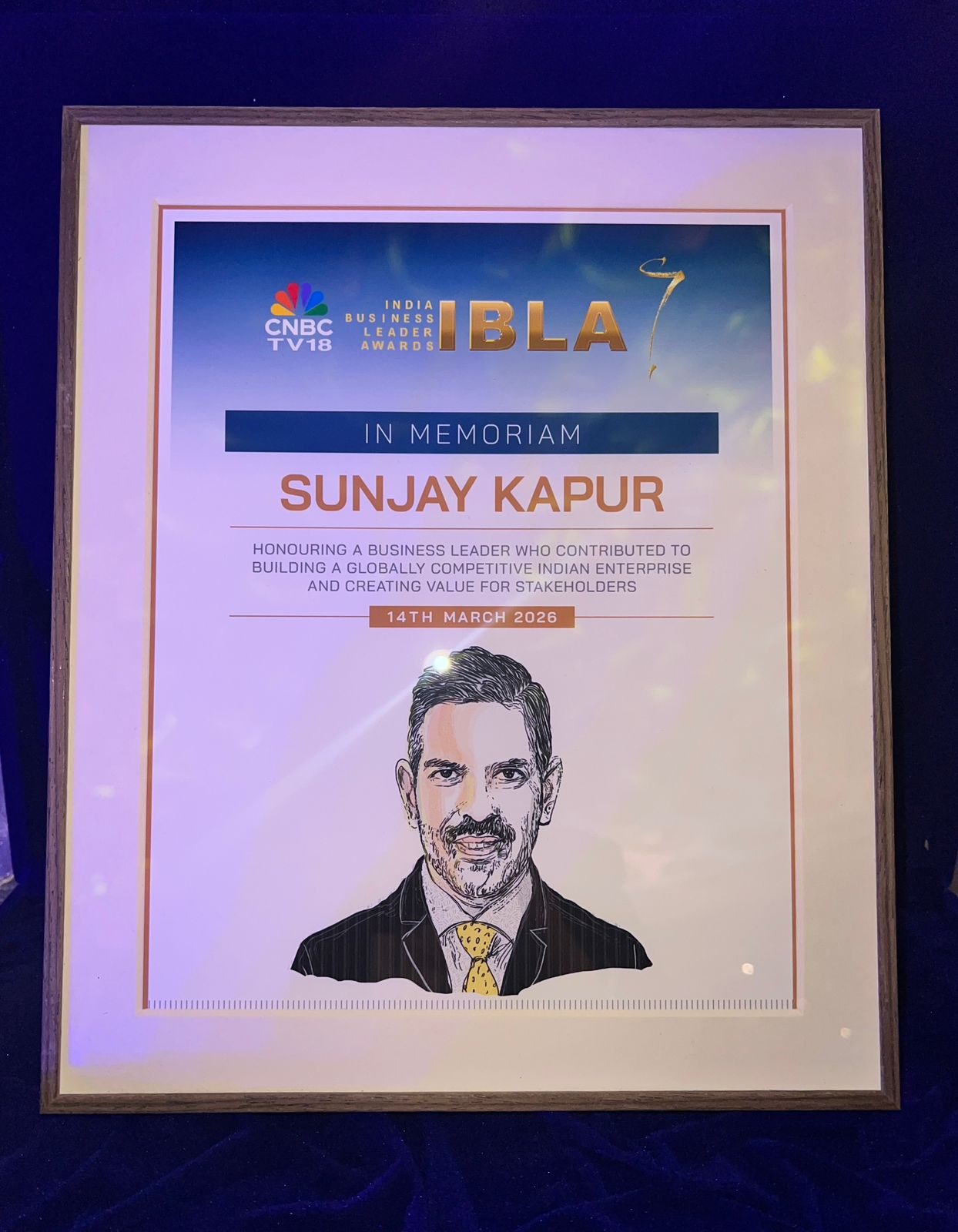 CNBC-TV18 Honours Late Mr Sunjay Kapur, Chairman Emeritus, Sona Comstar at the 21st IBLA Awards - In Memoriam